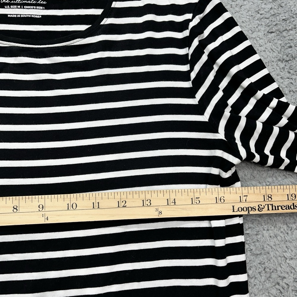Chicos Ultimate Tee Shirt Womens M/8 Chicos‎ Sz 1 Black White Striped Nautical - Picture 4 of 5